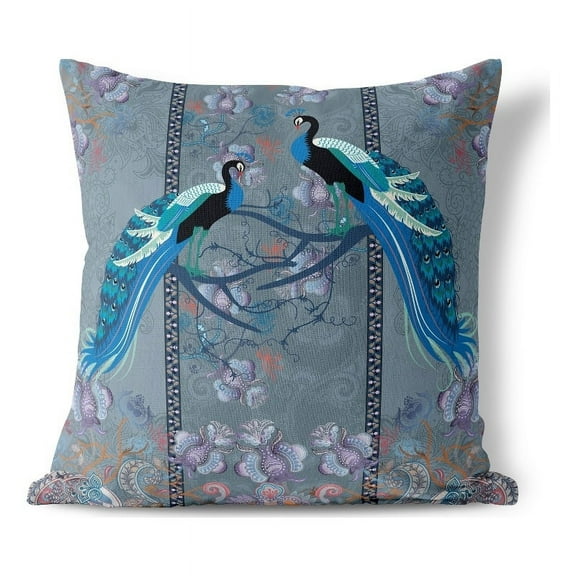 Enchanted Peacock Indoor/Outdoor Fabric Pillow in Blue 16x16