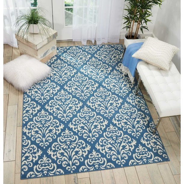 Nourison Grafix Damask Teal Blue Area Rug