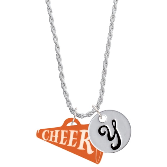 Delight Jewelry Acrylic 1.25" Orange Cheer Megaphone Silvertone Script Initial Disc - Y - Charm Necklace, 20"+3"