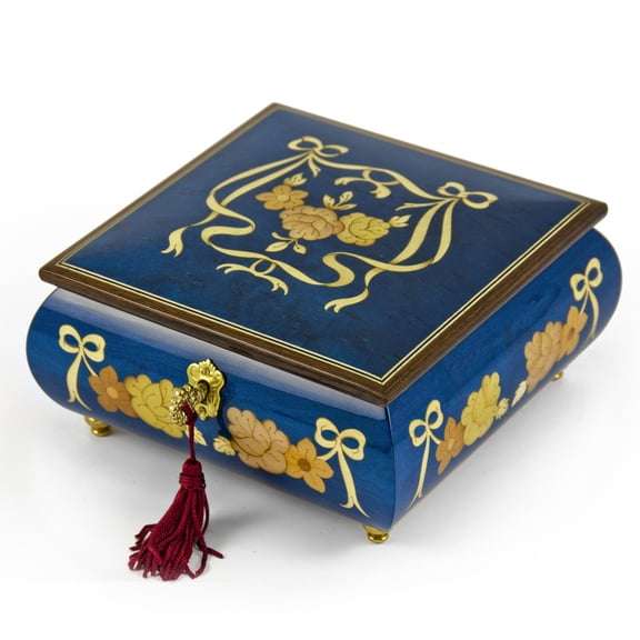 Handcrafted Radiant Blue 30 Note Roses and Ribbons Musical Jewelry Box with Lock and Key - 9th Symphony (Ode to Joy)