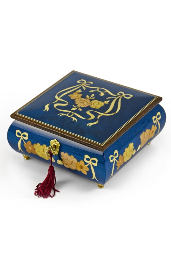 Handcrafted Radiant Blue 30 Note Roses and Ribbons Musical Jewelry Box with Lock and Key - Beauty and the Beast