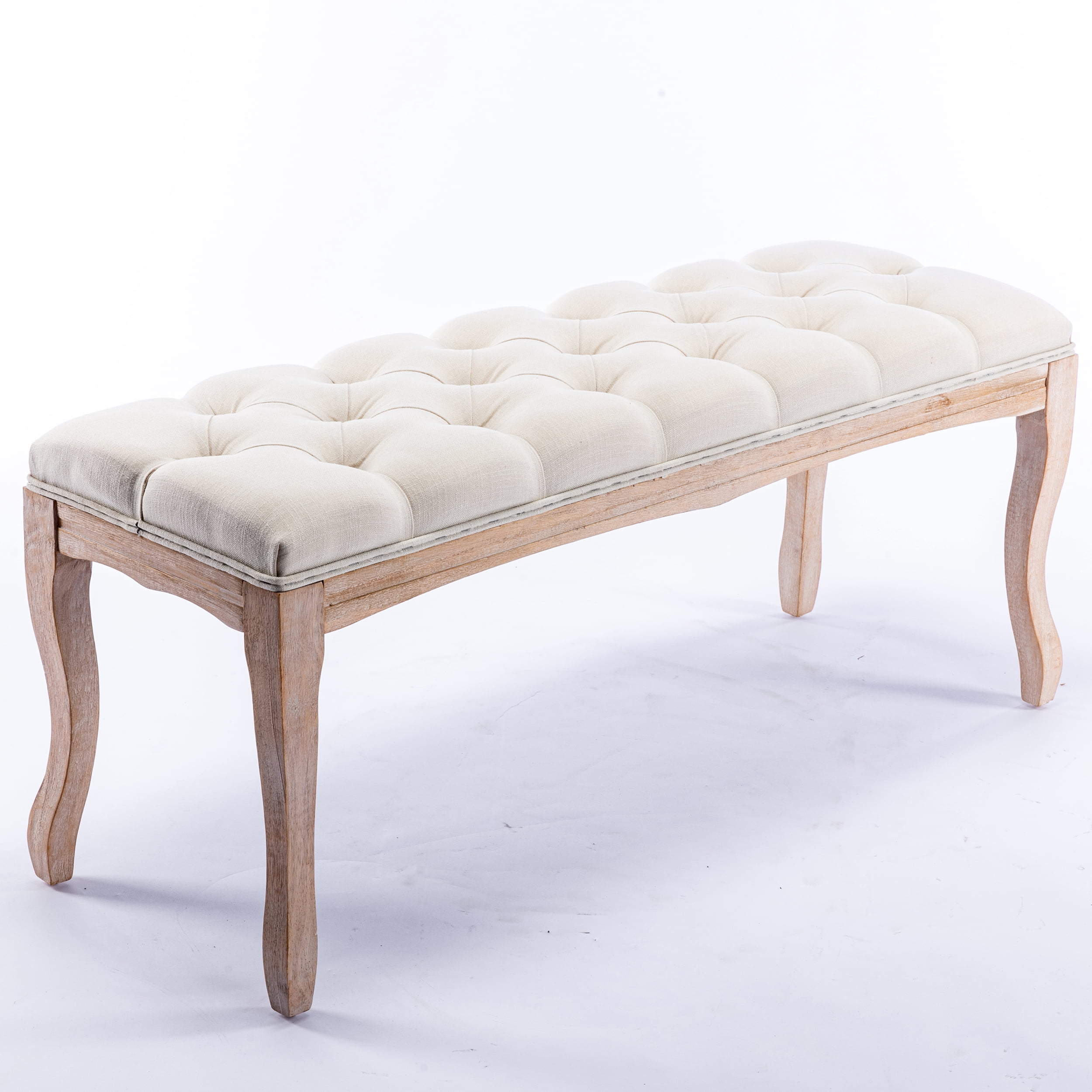 French Vintage Tufted Bedroom Bench with Carved Wood Legs, 43.3-Inch Linen Upholstered Entryway Ottoman for Living Room, Beige