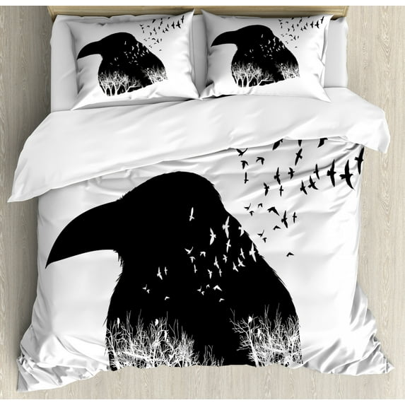 Black Crow Duvet Cover Set King Size, Double Exposure Effect Silhouette Portrait Bird and Bare Trees Flying, Decorative 3 Piece Bedding Set with 2 Pillow Shams, Charcoal Grey White, by Ambesonne