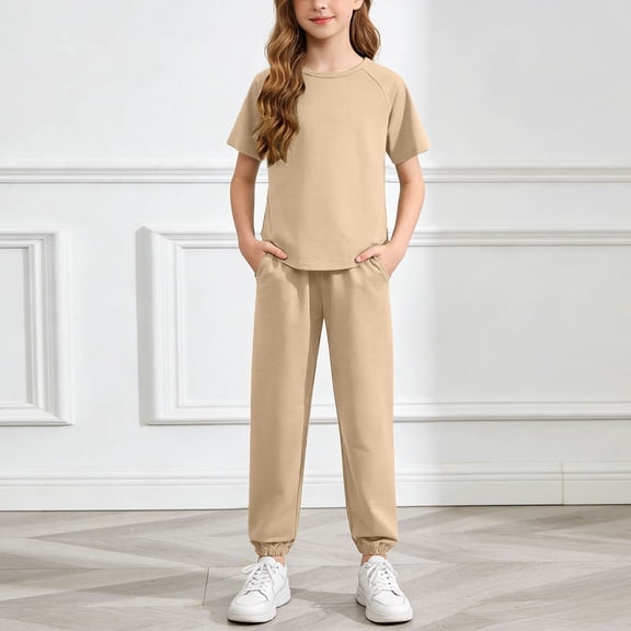 ITSAME Girls Athletic Outfit Set Cotton T-Shirt&Tapered Pants Outdoor Active Clothes 2-Piece Beige Size 13-14