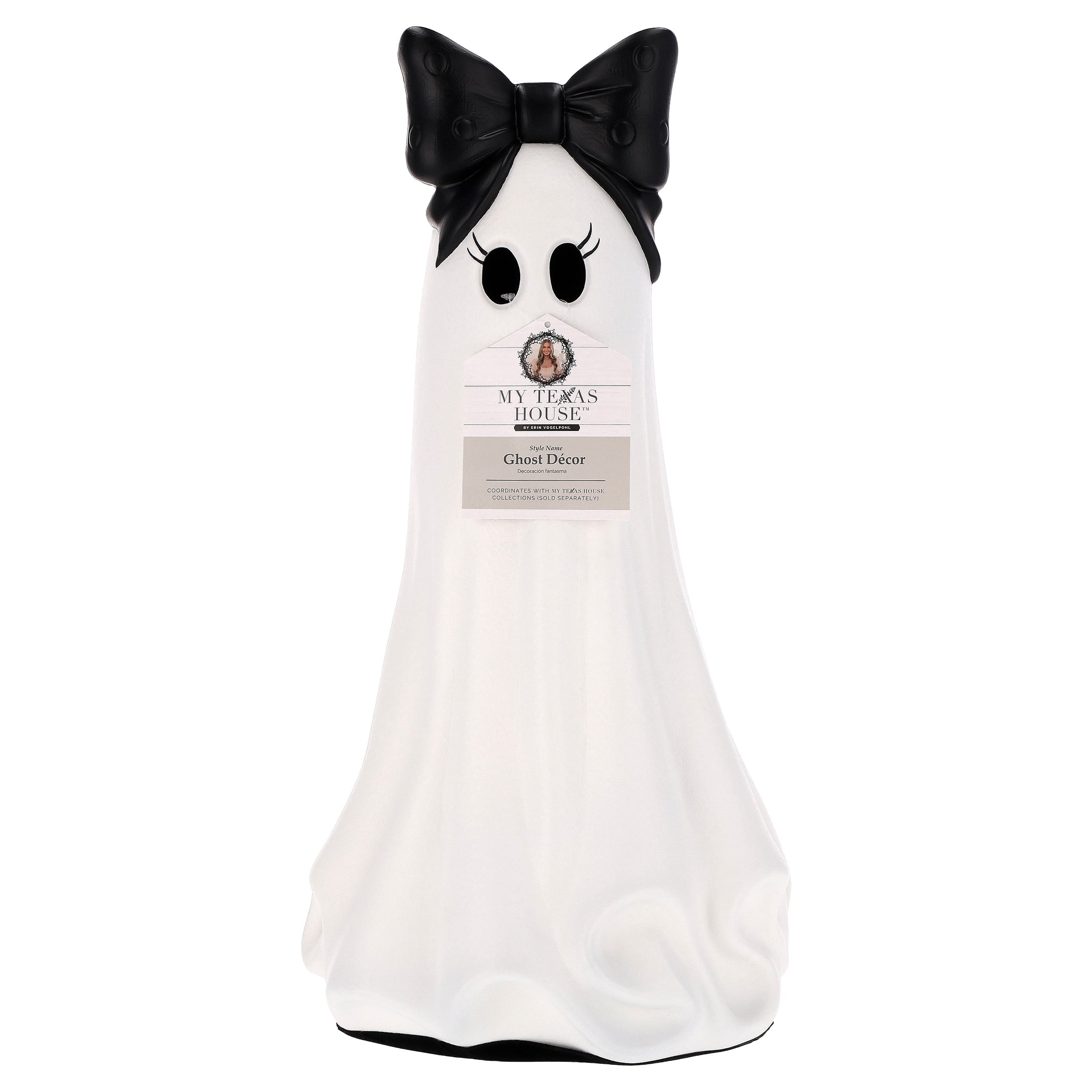 My Texas House Halloween Large Ghost with Bow Decoration, Black and White, 20"