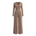 thumbnail image 6 of NMMUED Fall 2 Piece Set for Women Long Sleeve Cross V Neck Top Wide Leg Pants Outfits Casual Loose Vacation Loungewear Khaki S, 6 of 8