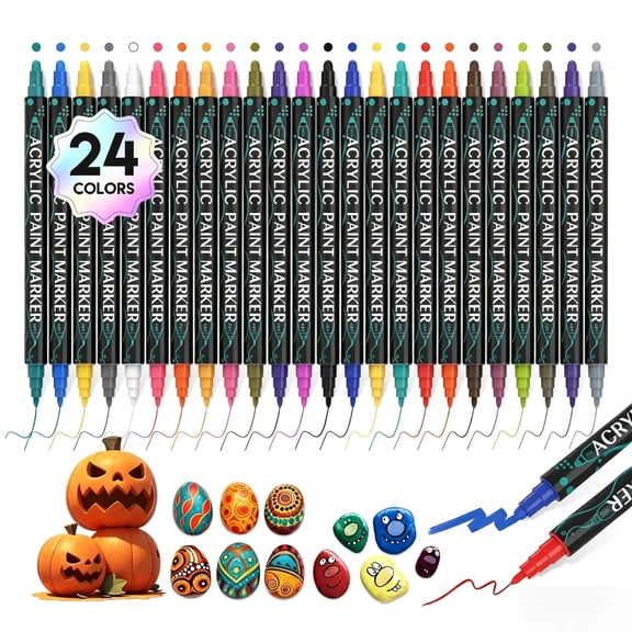 Acrylic Paint Markers, 24 Colors Dual Tip Acrylic Paint Pens for Wood, Canvas, Stone, Rock Painting, Glass, Ceramic Surfaces, DIY Crafts Making, 24 Dual Tip Acrylic Markers