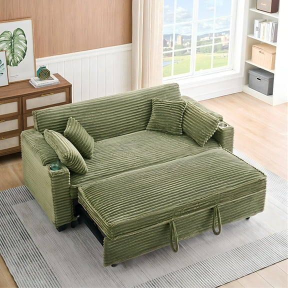 Aukfa 80" Comfy Couch Convertible Sofa Bed with Cup Holder for Living Room, 4Pillows, Corduroy, Green