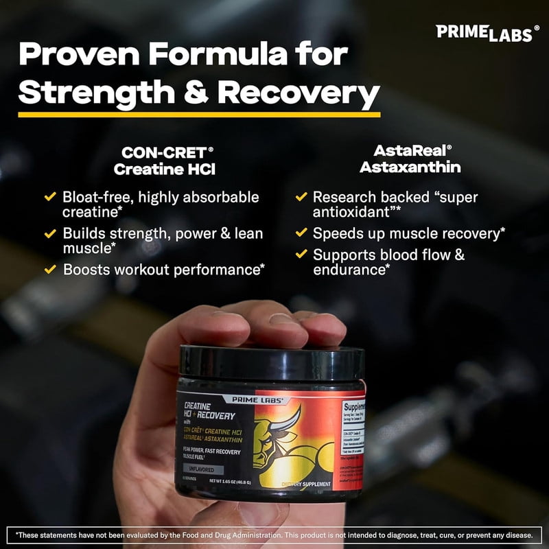 Prime Labs Creatine HCl Powder with AstaReal Astaxanthin 6mg - Supports Muscle Recovery & Brain Health - Con-Cret Creatine HCl (7X More Concentrated Than Monohydrate) - 60 Servings