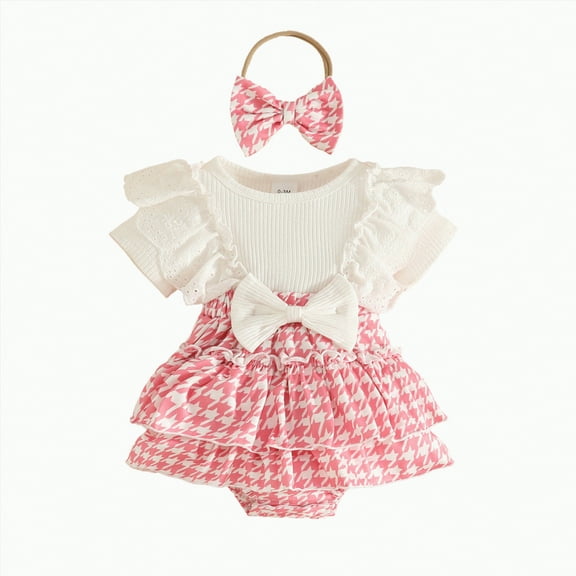 CAICJ98 Infant Baby Girl Clothes Newborn Summer Outfits Lace Ruffle Short Sleeve Ribbed Romper Dress with Headband (12-18 Months,Red)
