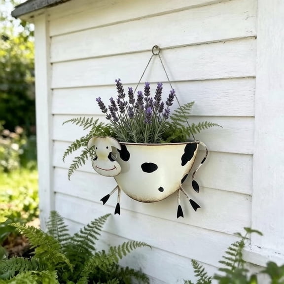 Vintage Distressed Metal Cow Wall Hanging Planter, Cute Animal Hanging Baskets for Indoor Outdoor Plants, Unique 8.3" Flower Pot for Patio Garden Yard Porch Decor (White)