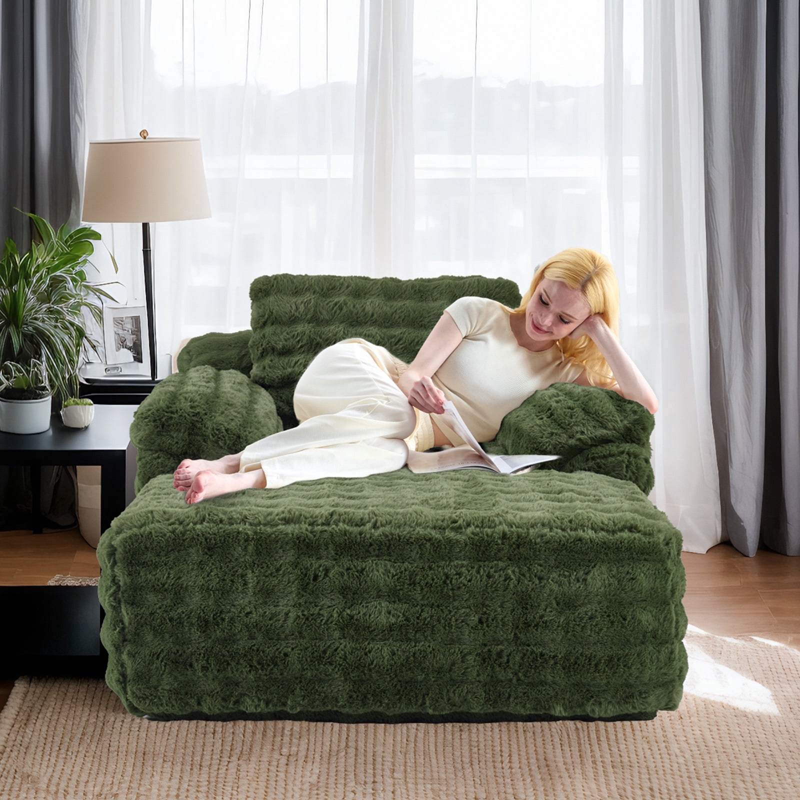 Ktaxon 68" Lounge Chair, Bubble Fleece Fabric Sofa Bed, Boneless Sleeper Chaise with Removable Backrest & Pillow-Top Armrests for Living Room Green