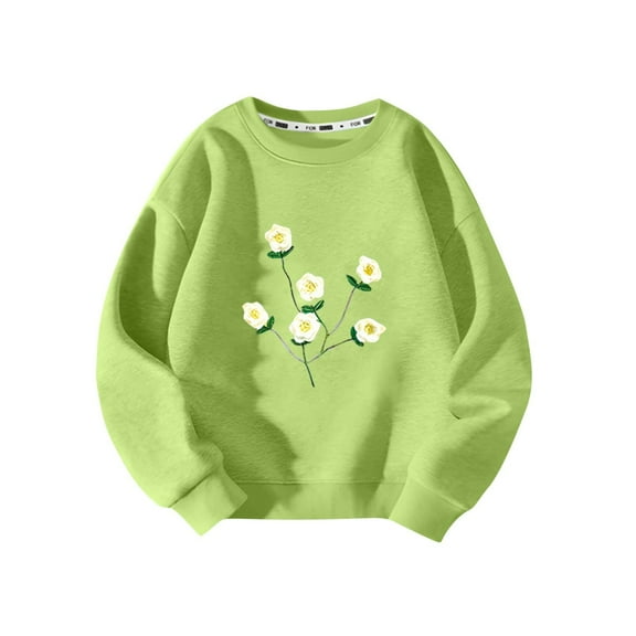 Outfits for Boys Girls, Sweatshirts for Girls 3 4 5 6 7 8 9 Years Old Warm Cotton Crew Neck Long Sleeve Floral Printed Pullover Tops (8-9T, Green)