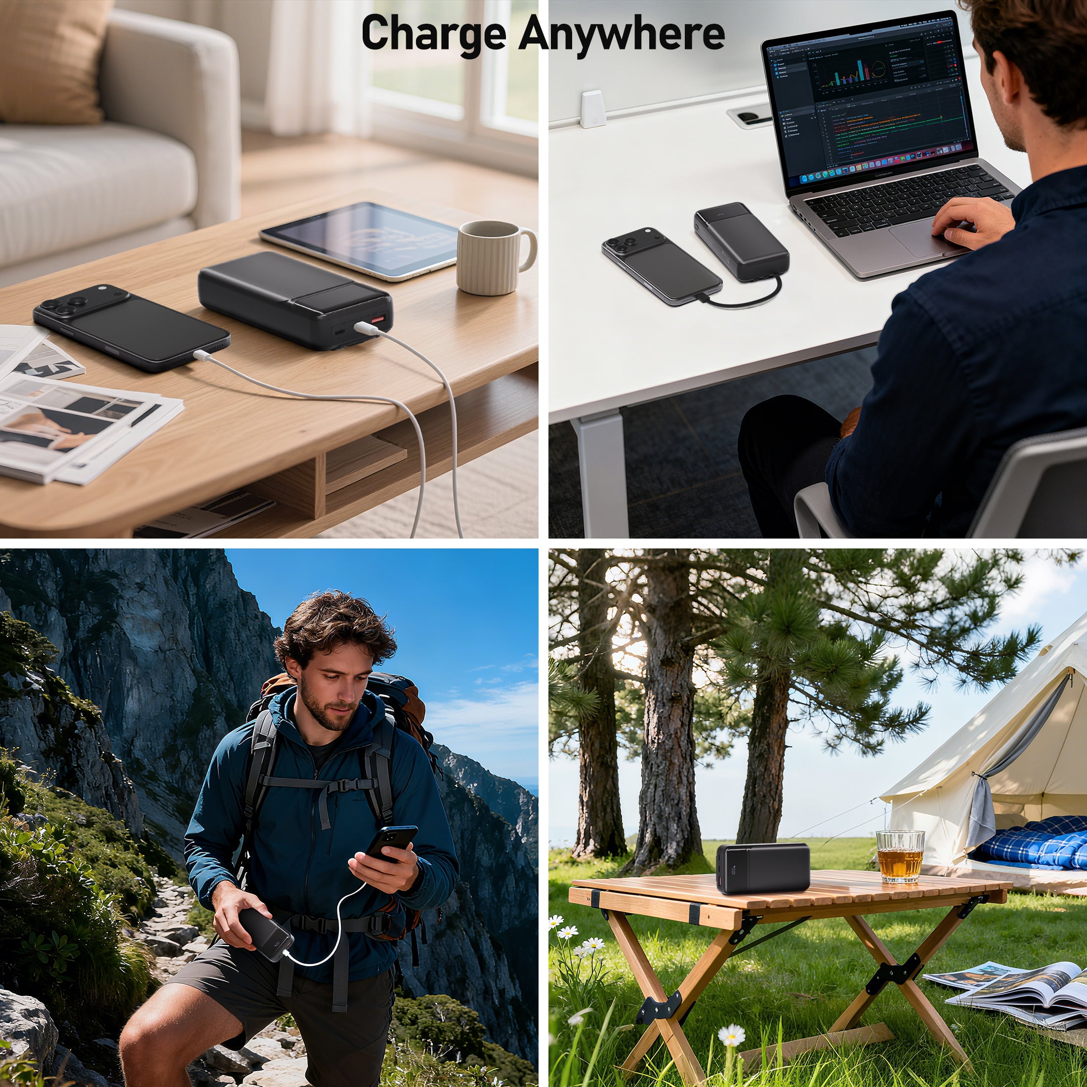 49800mAh Power Bank Portable Charger with Built in Cables,4 Outputs 3 Inputs 22.5W Fast Charging with LED Display Battery Pack Compatible for iPhone Charger-Camping,Hiking,Travel Essentials(Black)