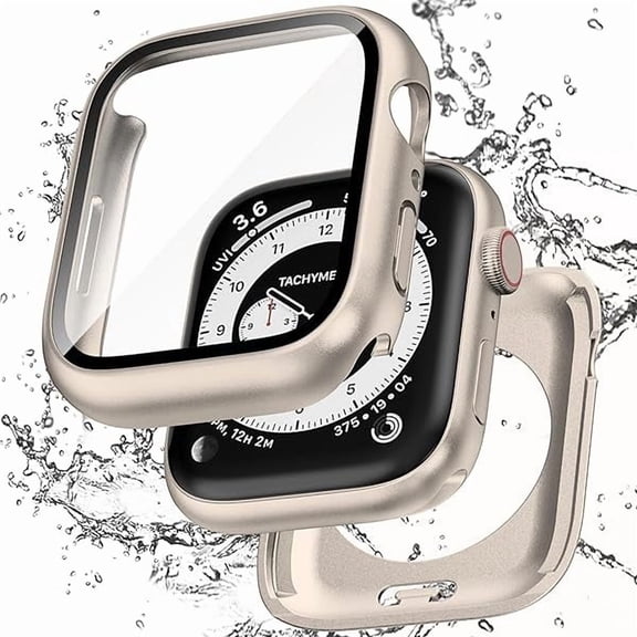 wonima01 2 in 1 Waterproof Case Compatible with Apple Watch 40mm Series 6/5/4/SE with Tempered Glass Screen Protector, Full Coverage Bumper Cover for iWatch Case 40mm Starlight