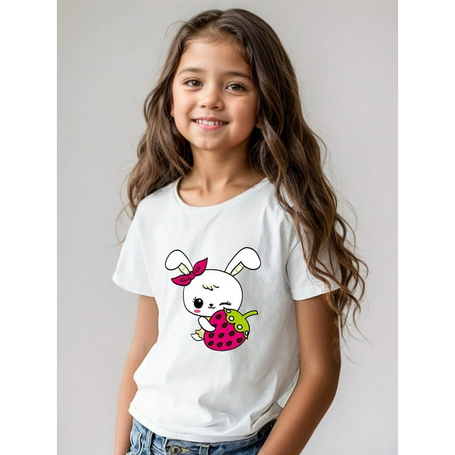 Girls' Cotton Short-Sleeve T-Shirt with Cute Rabbit & Strawberry Print - Soft, Breathable, and Comfortable for Summer - Casual Round Neck Tee for Casual Attire, Tween Girl Clothes