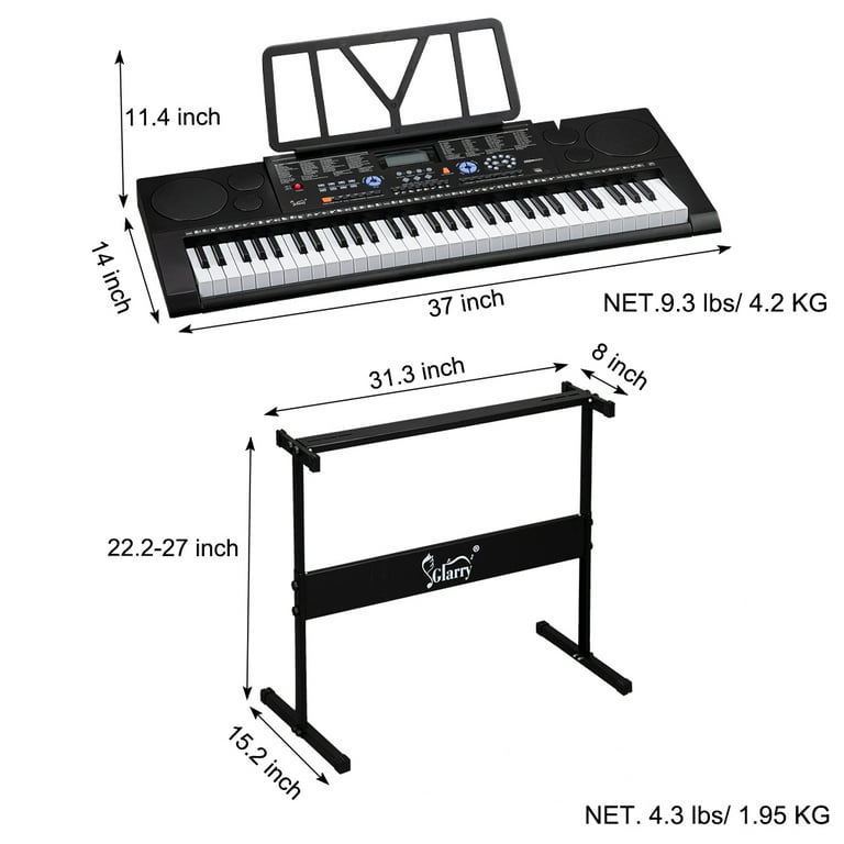 Glarry Gep 102 61 Key Portable Keyboard With Piano Stand Built In Speakers Headphone Microphone Music Rest Lcd Screen Usb Port Teaching Modes