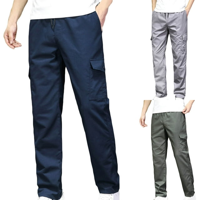 Styesk Men's Pants Men's Solid Color Lace-up Elastic Multi-pocket Sports Cargo Pants Full Length Pants