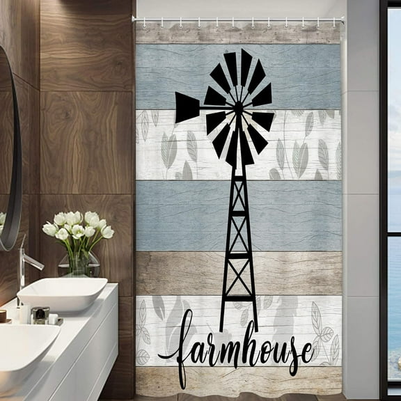 Vintage Windmill RV Shower Curtain - 36x72 Inches Rustic Wooden Plank Country Small Bathroom Decor Narrow Fabric Set with Hooks Farmhouse Style