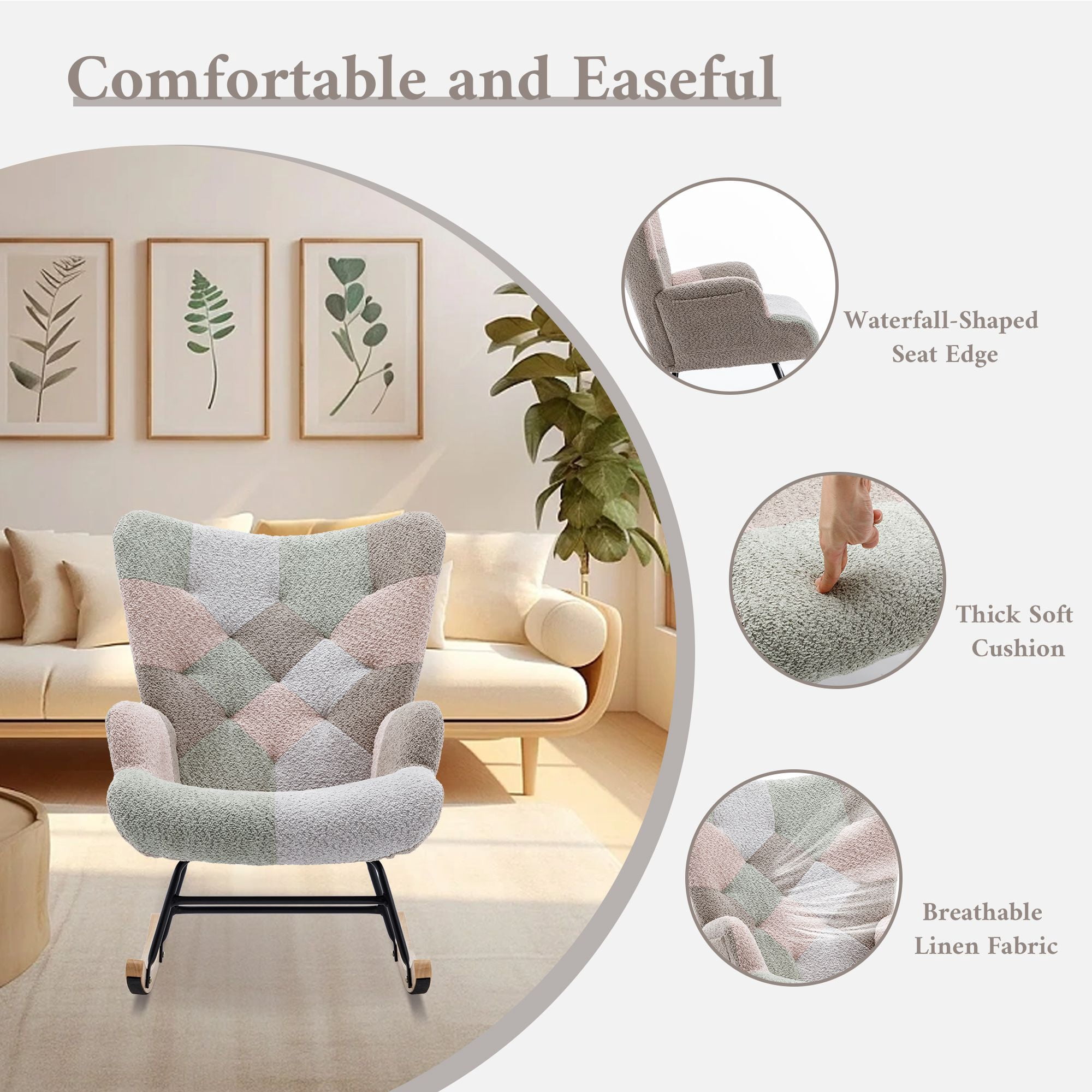 Teddy Upholstered Nursery Glider Rocking Chair - High Backrest Comfy Armchair | Versatile Accent Chair for Living Room, Bedroom, Offices
