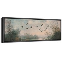 Large Framed Canvas Print Peaceful Sunset Lake Canvas – Serene Geese in Flight Over Water Reflection Wall Art Decorative Ready to Hang Painting for Living room Bedroom - 60"x20" Black Frame