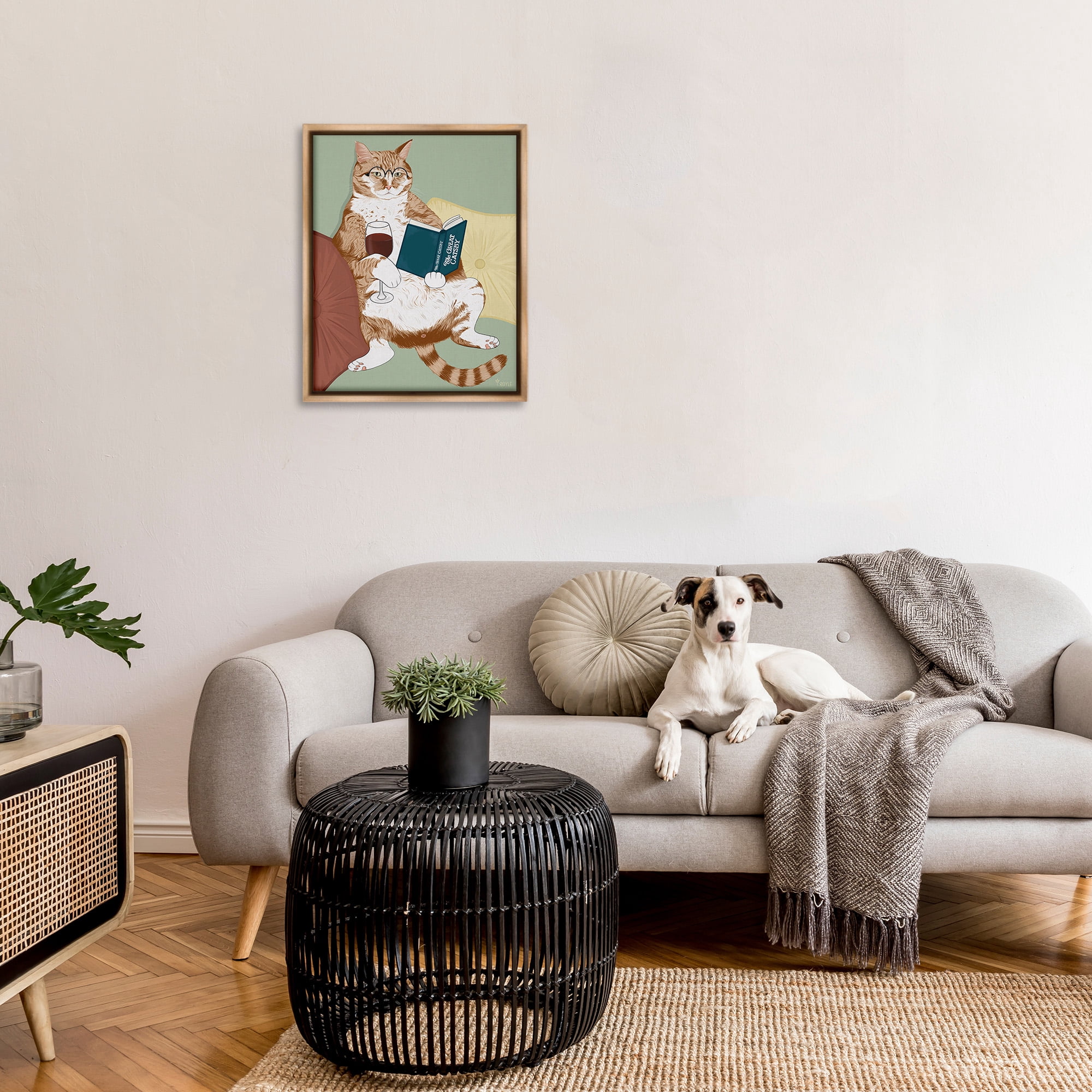 Stupell Industries Cat Reading with Wine Animals & Insects Painting Brown Floater Framed Canvas Art Print Wall Art, 25 x 31