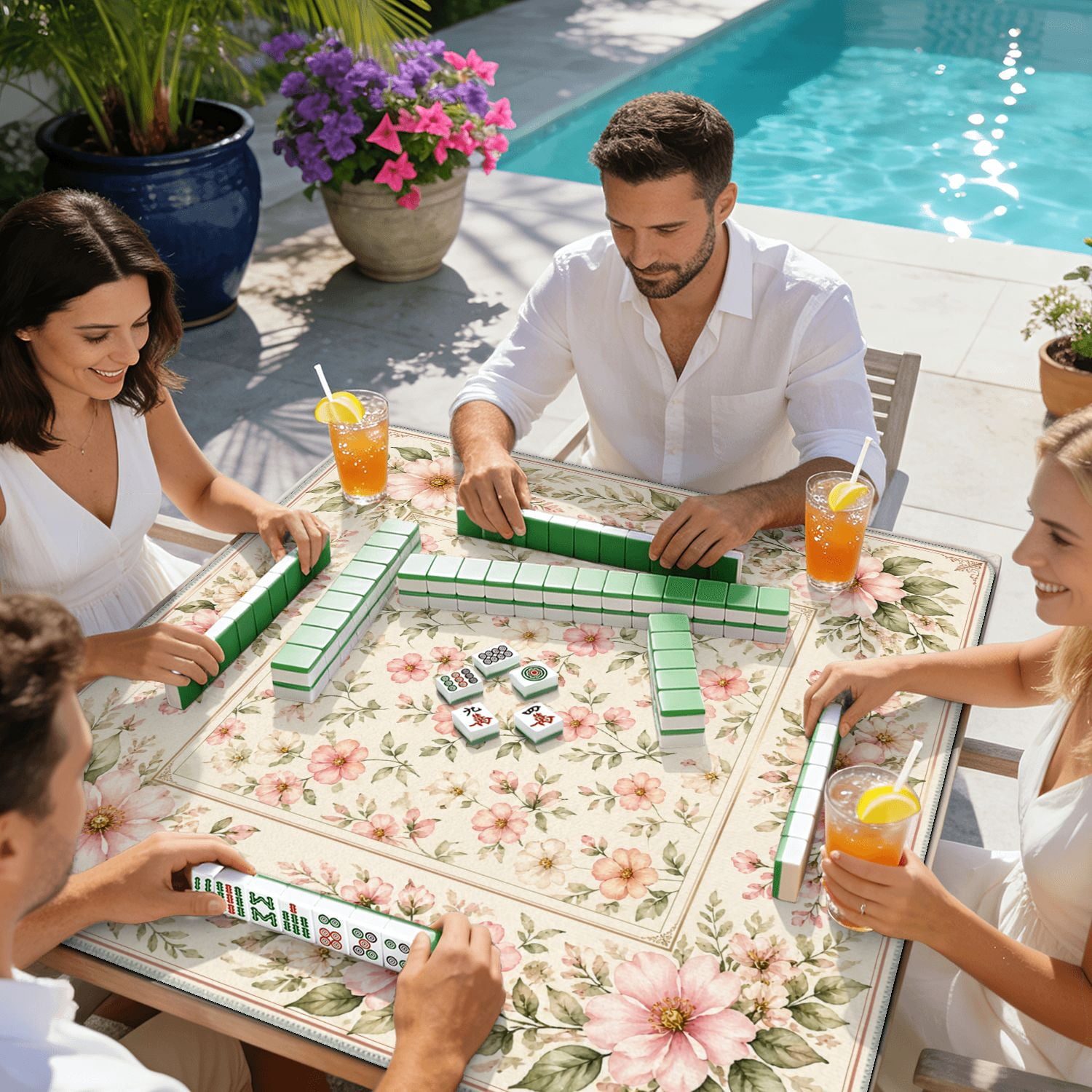 Mahjong Mat 31.5" x 31.5" Delicate Floral Soft Pink Green Leaves Non-Slip Noise Reduction American Mahjong Tiles Table Cover for Dominoes Poker Card Board Games Gift