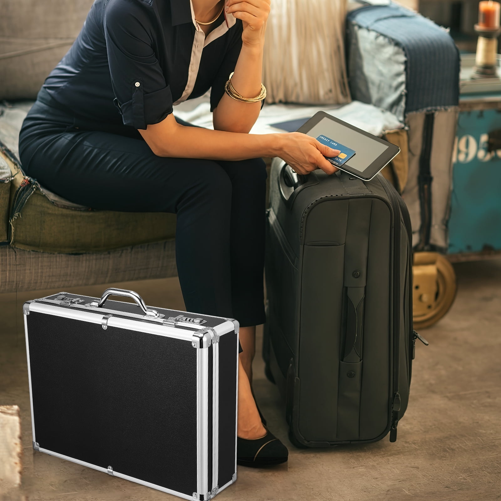 Tineasur Black Aluminum Alloy Locking Briefcase for Men, Hard Metal Case Lock for Business and Travel