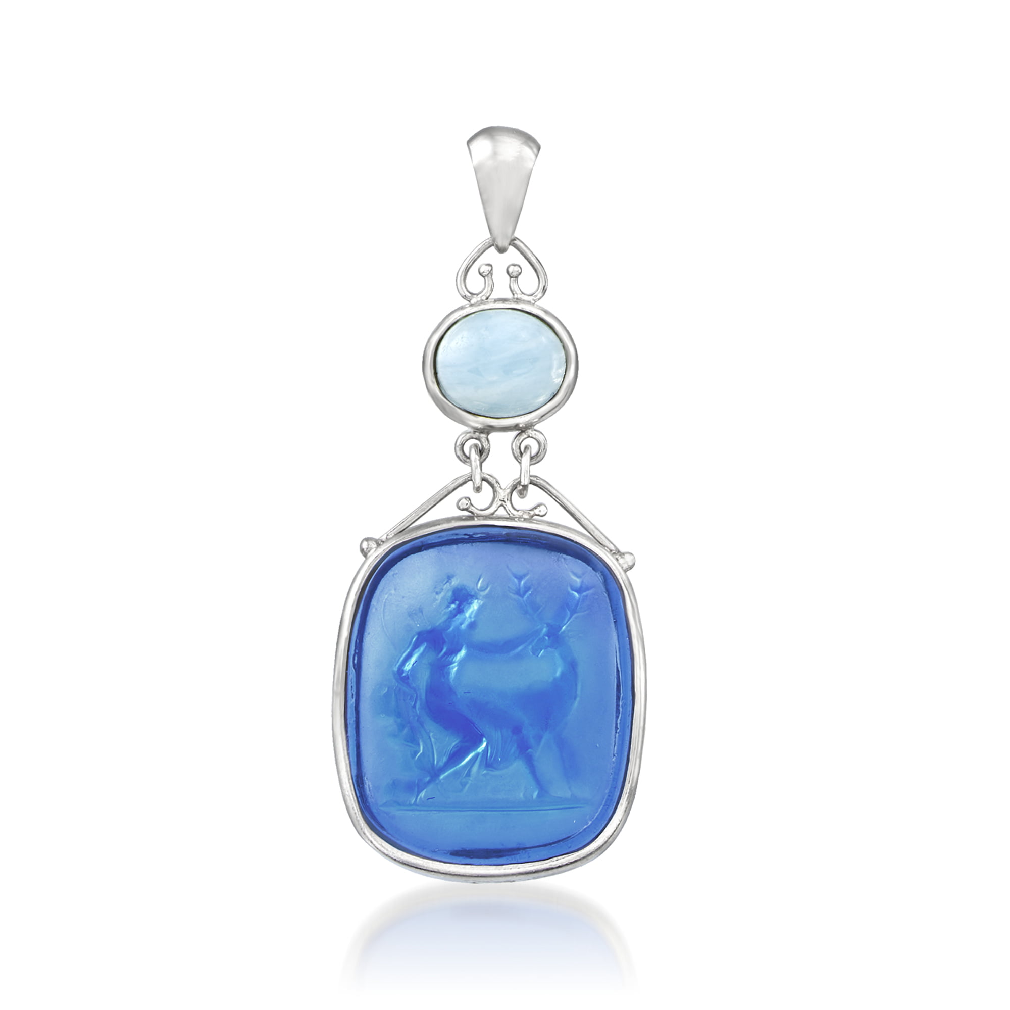 Ross-Simons Blue Venetian Glass Intaglio Pendant With 2.50 Carat Aquamarine  From Italy in Sterling Silver