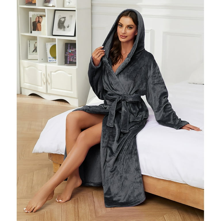 HEARTNICE Womens Hooded Long Robe, Soft Warm Fleece Full Length Plush  Bathrobes,(Dark Grey L-XL) 