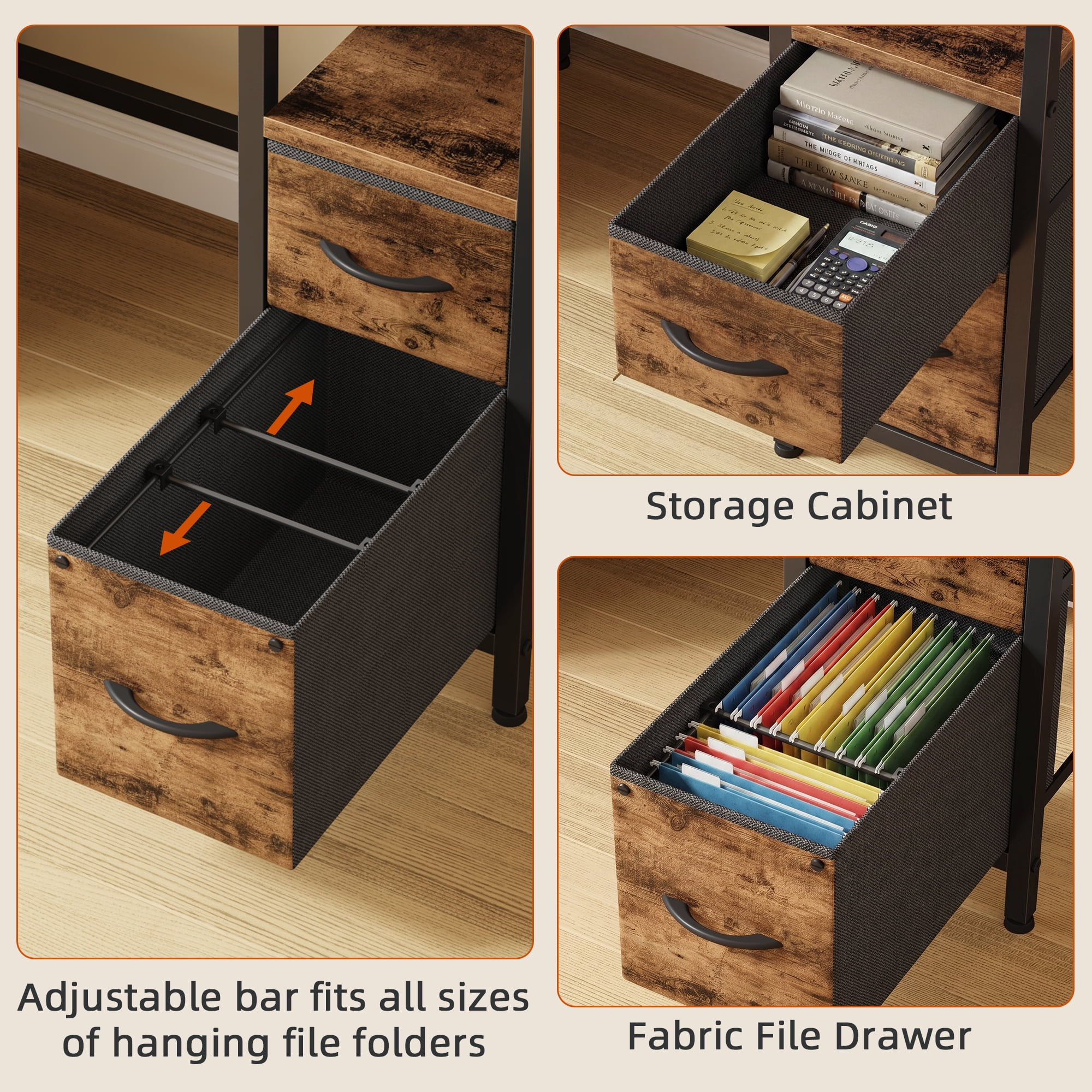 HIGDBFE 47 Inch Computer Desk with 4 Fabric File Drawers, Office Desk with Storage, Gaming Writing Table for Home Office Bedroom, Rustic Brown