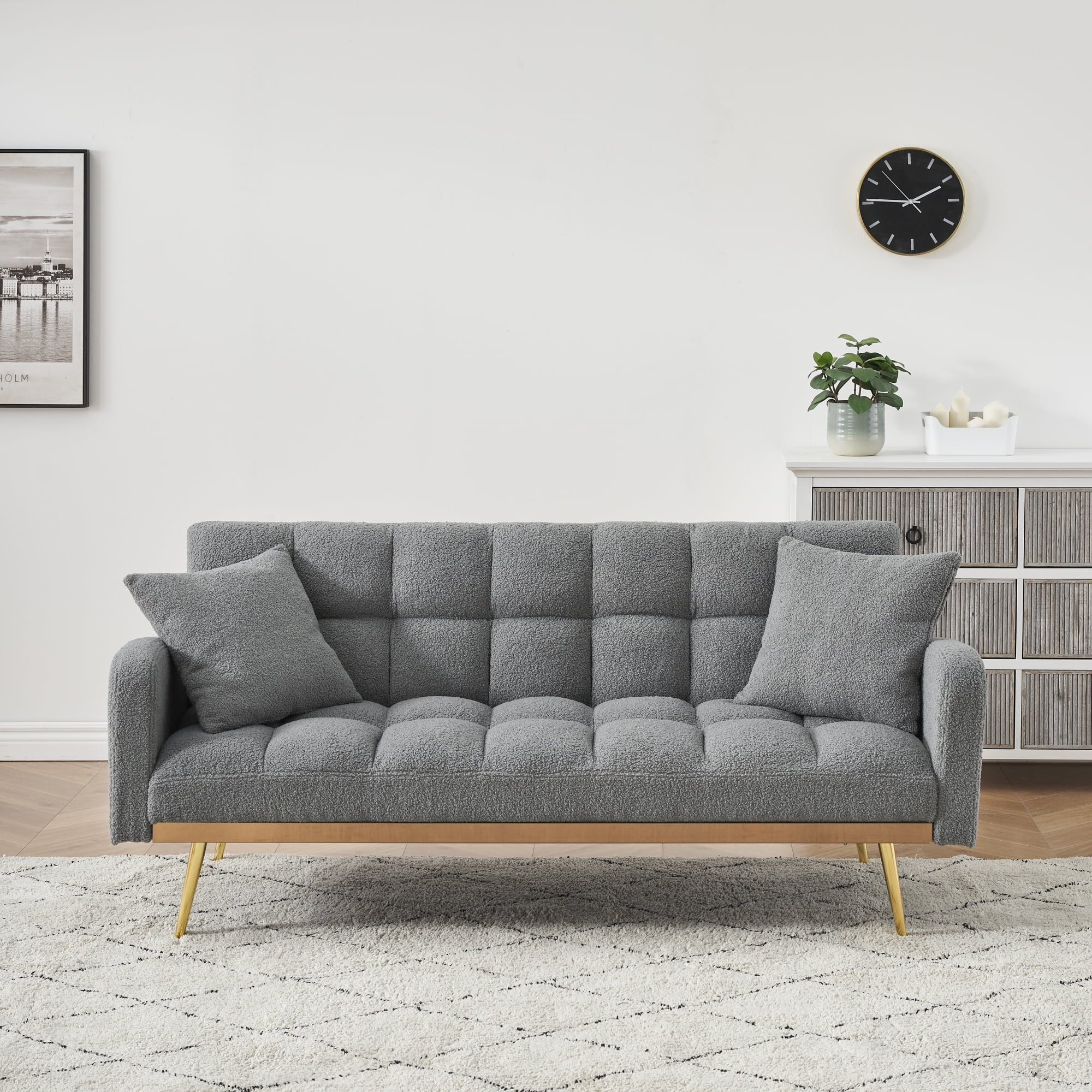 Convertible Futon Sofa Bed,69 Inch Modern Teddy Loveseat Sofa Couch with Adjustable Backrest for Small Space,Living Room,Gray