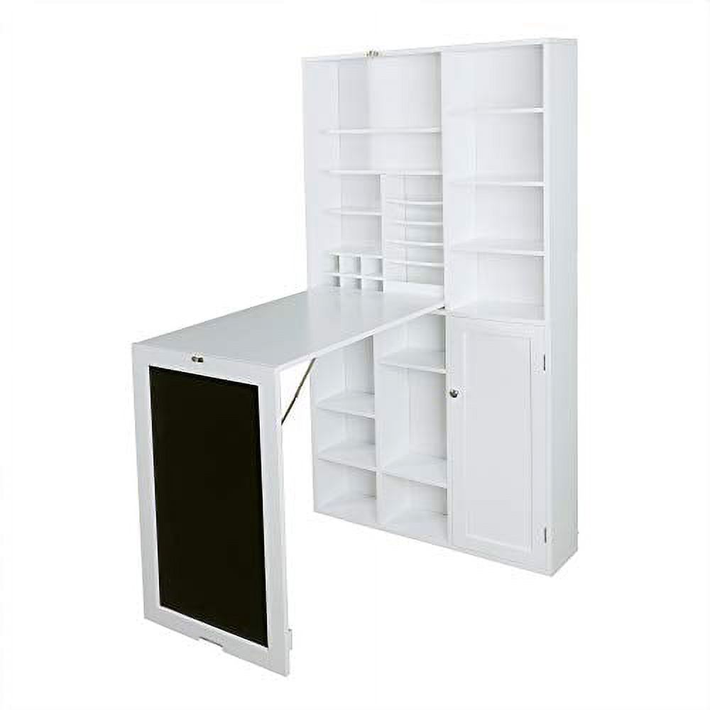 Utopia Alley Collapsible Fold Down Desk Table with Large Storage Cabinet  & Bottom Shelves - Convertible Foldable Desk Furniture with Chalkboard Wall - Computer Desk with Storage - White