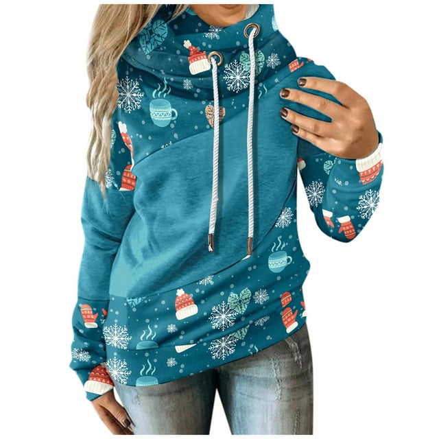 Sweat à Capuche d'Hiver pour Femmes Mode Pull de Noël Hoilidy Imprimé Xmas Pull Mi-Long Blouse Ample Col Rond Cardigan Chaud