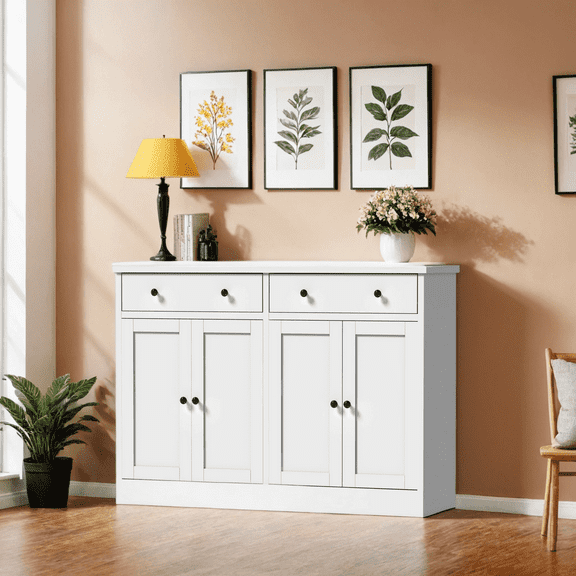 Buffet Storage Cabinet with Doors and Drawers, 49" W Coffee Bar Cabinet, Kitchen Buffet Sideboard for Living Room, Kitchen, White