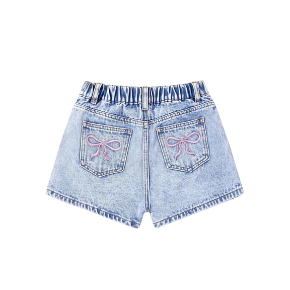 Girls' Denim Shorts Collection – Bow Embroidered / Distressed Ripped / Allover Bow Print High Waisted Denim Shorts for Kids Summer Casual Wear