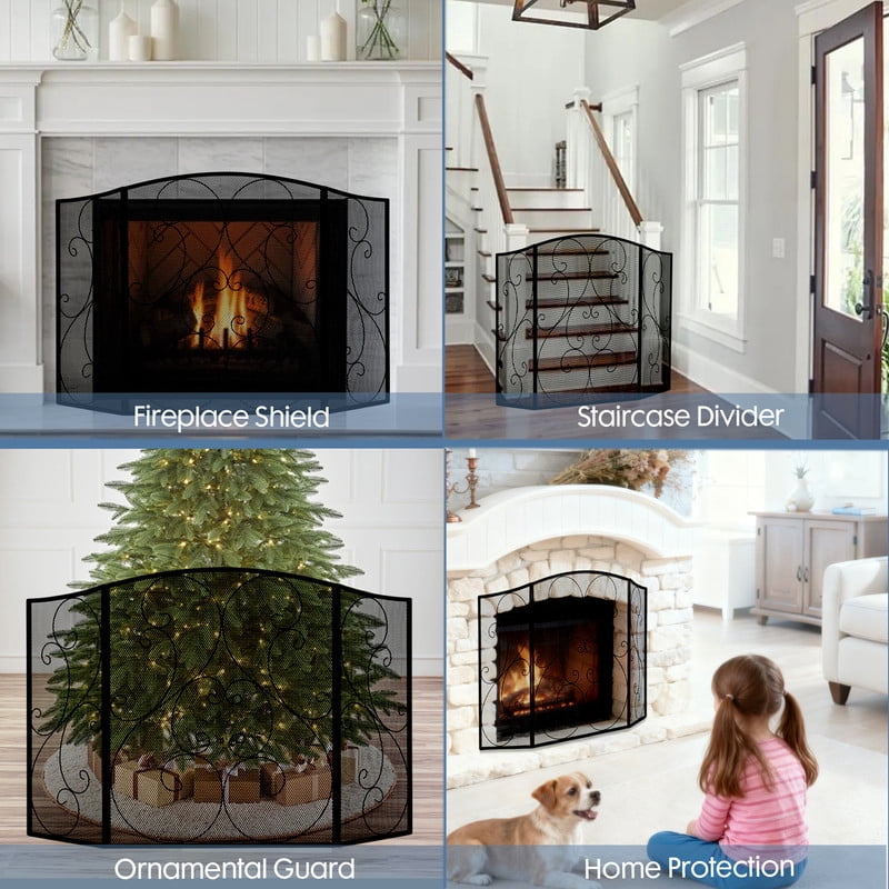 Gianna 51" Fireplace Screen with Hinged Doors, 3 Panel Spark Guard Cover, 30.7" H Wrought Iron Metal Safety Gate for Fireplace and Living Room, Black