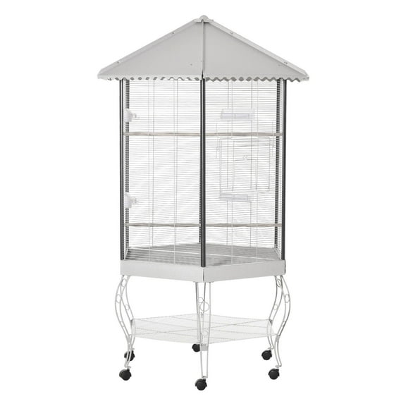 77" Bird Cage, Hexagon Aviary with Canopy & Stand, Portable Bird Cage with Storage, Gray & White