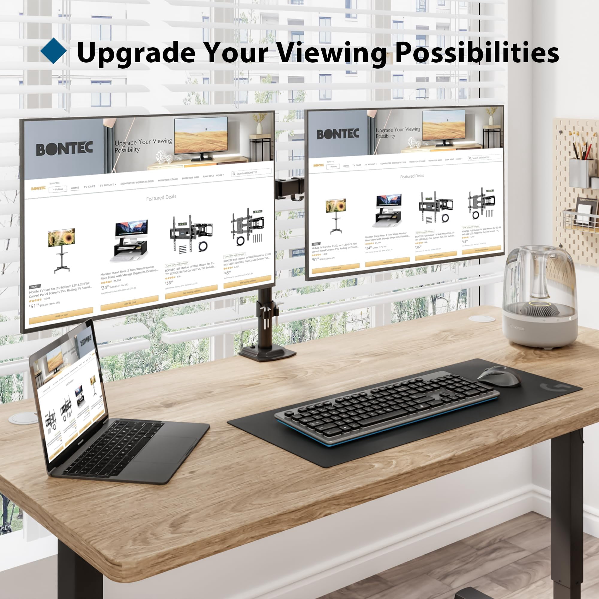 BONTEC Dual Monitor Desk Mount, Full Motion Adjustable Monitor Stand for 13–27 Inch Screens, Heavy Duty Arms Hold Up to 22 lbs Each, VESA 75x75/100x100 mm, C Clamp and Grommet Base, Cable Management