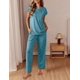 thumbnail image 2 of Conjunto de pijama Ekouaer para mujer, manga corta, azul y verde, 2 of 7