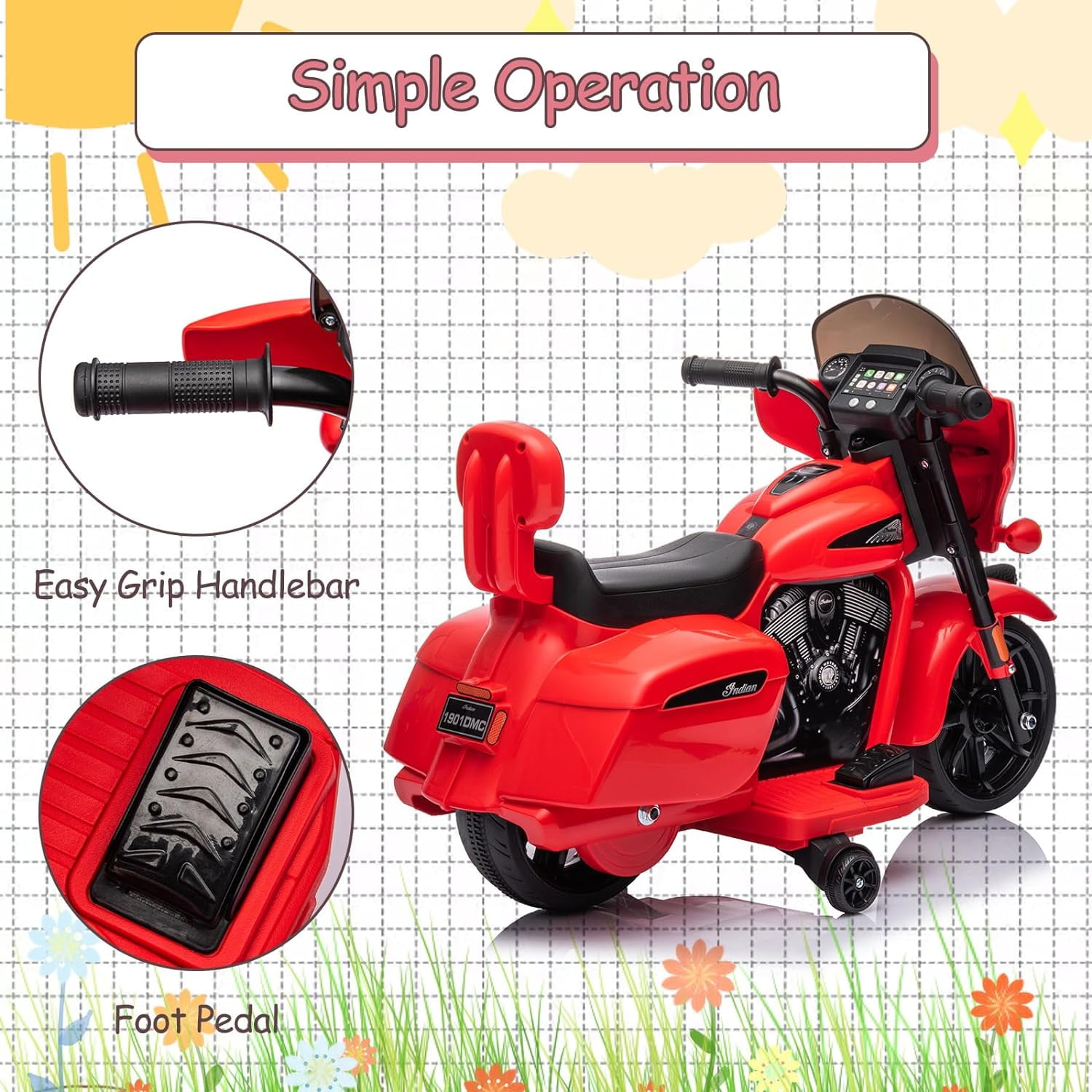 Licensed Indian Motorcycle 6V Kids Ride on Motorcycle, Battery Powered Electric Motorbike for Toddler with Training Wheels, Headlight, Music, Ride on Toys for 3-6 Years Boys & Girls, Red