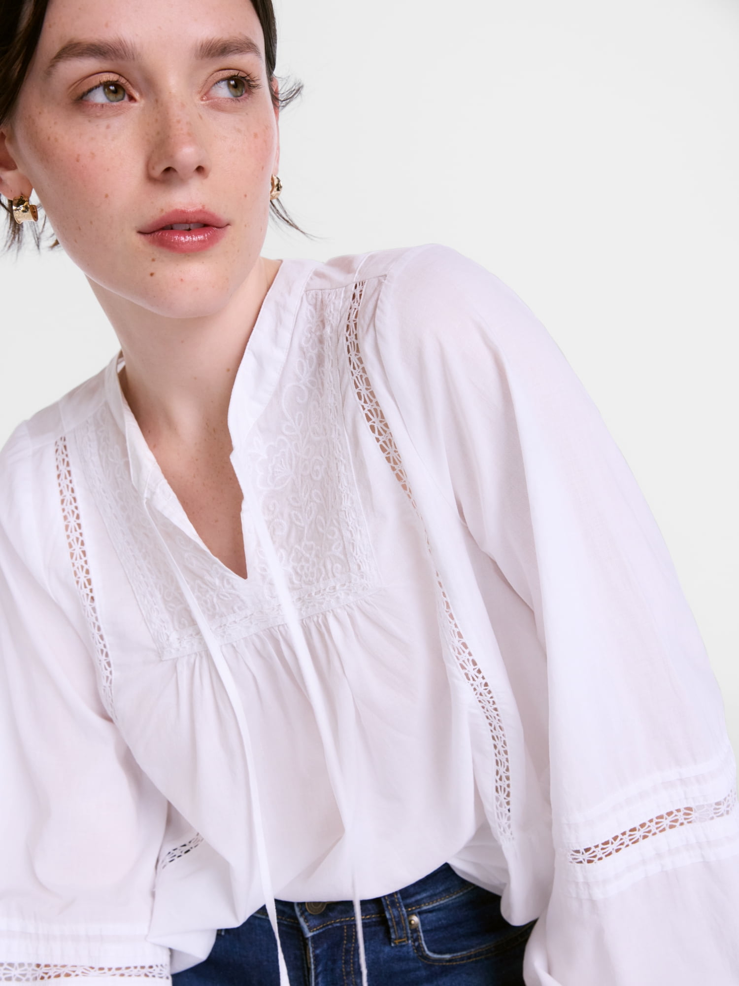 Scenario Women's and Women's Plus Embroidery Top with Lace Inserts, Sizes XS-4X