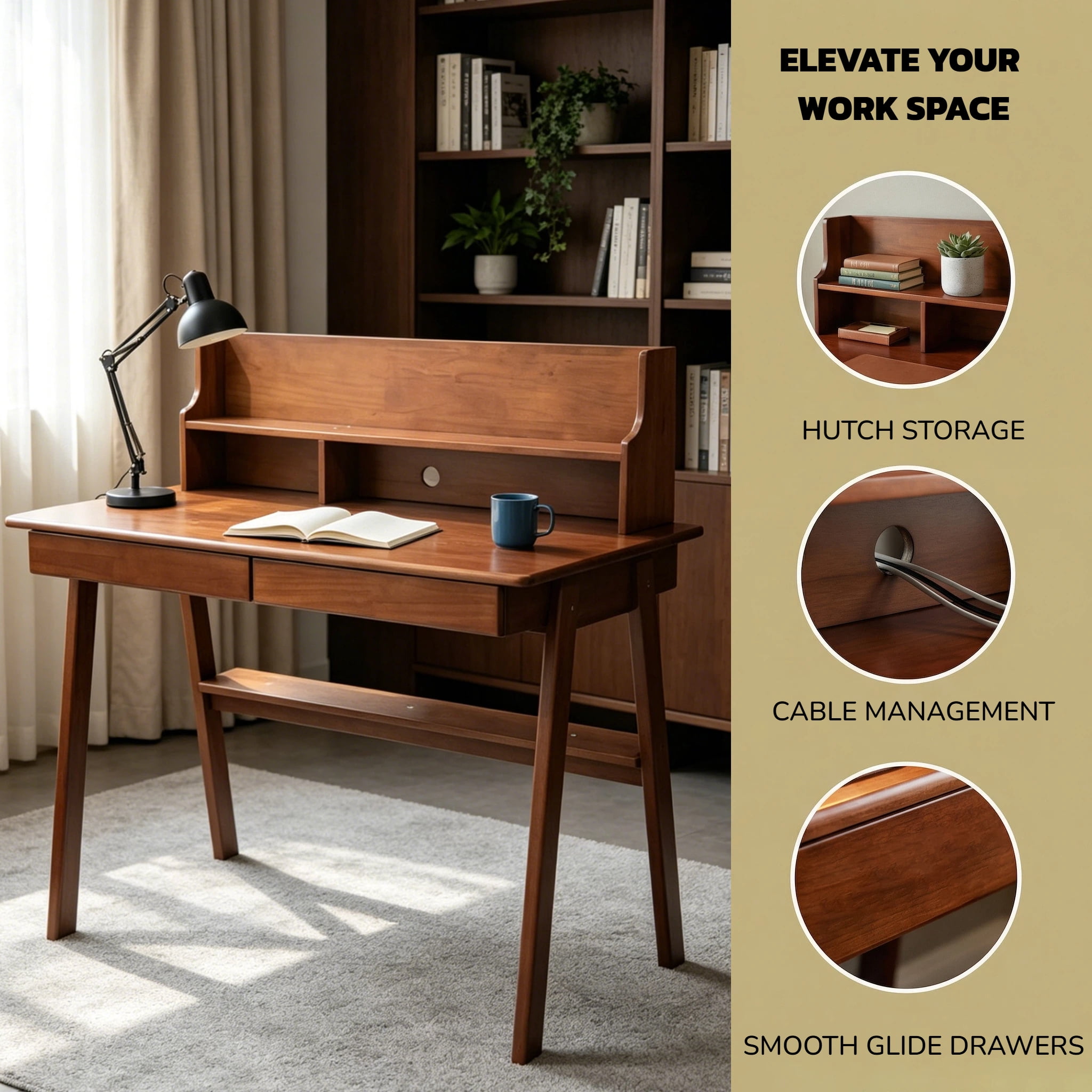 Desk Writing Computer Desk Mid Century Modern Home Office Table with Drawer for Bedroom, Solid Wood