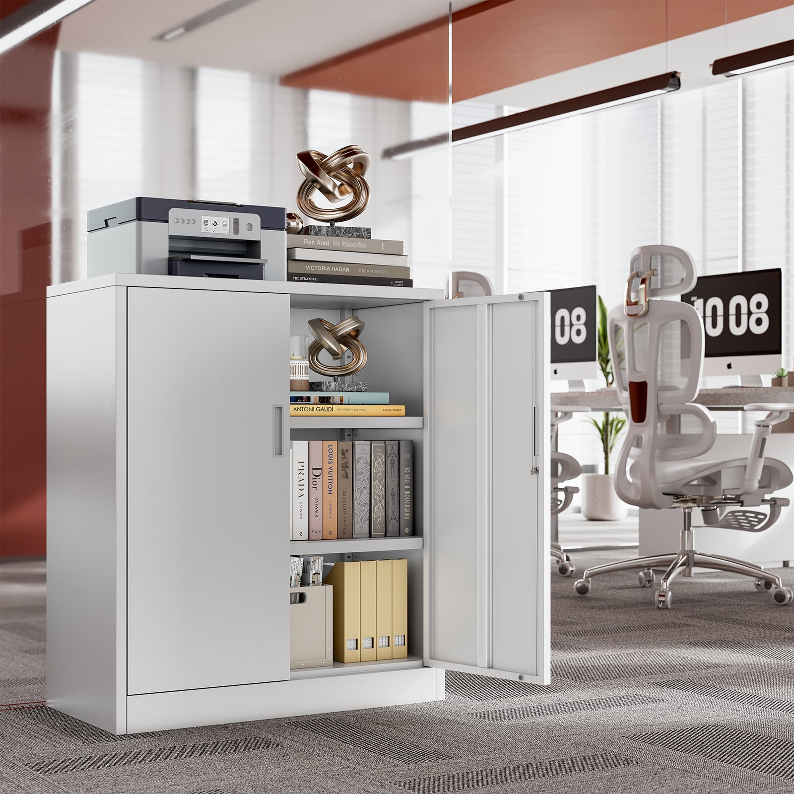 CJF Garage Cabinet, Metal Storage Cabinet with Doors and Shelves, for Home Office, Garage and Utility Room, White