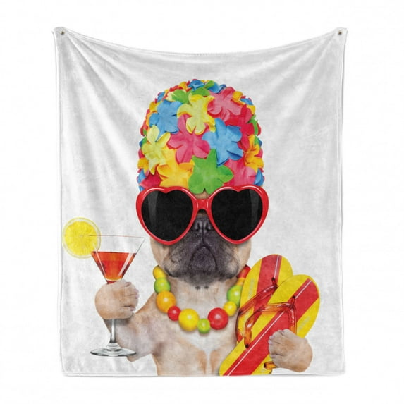 Crazy Soft Flannel Fleece Throw Blanket, Tropical Vacation Themed Dog Flip Flops Sunglasses and Cocktail Exotic Bulldog Pet, Cozy Plush for Indoor and Outdoor Use, 60" x 80", Multicolor, by Ambesonne