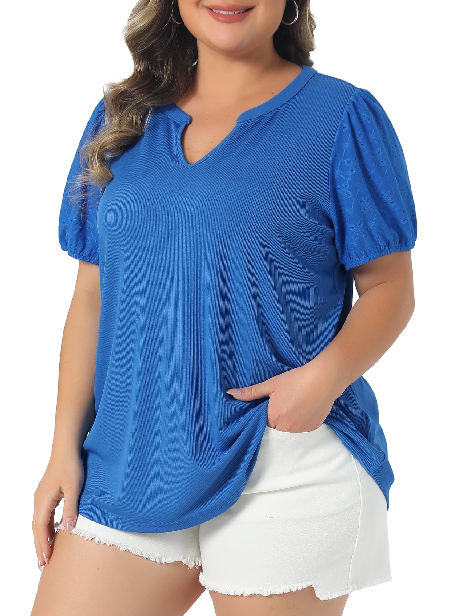 DARING DIVA Women's Plus V Neck Puff Sleeve Tops Blouse 3X Royal Blue