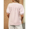 thumbnail image 3 of Womens Short Puff Sleeve Striped Blouses Top V Neck Loose Fit Casual Summer Work Blouses Striped Shirt Pink S, 3 of 6