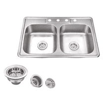 Magnolia Sinks Kitchen Sink Stainless Steel Drop In Top Mount 33" x 22", 4 hole (33 inch Drop-in Topmount 50/50 Double Bowl with Strainers) Self Rimming