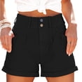 thumbnail image 1 of Pantalones cortos de verano para mujer, cintura alta, ribete plisado, dobladillo enrollado, cierre de hebillas, pantalones cortos casuales con bolsillos laterales, negro XS, 1 of 2