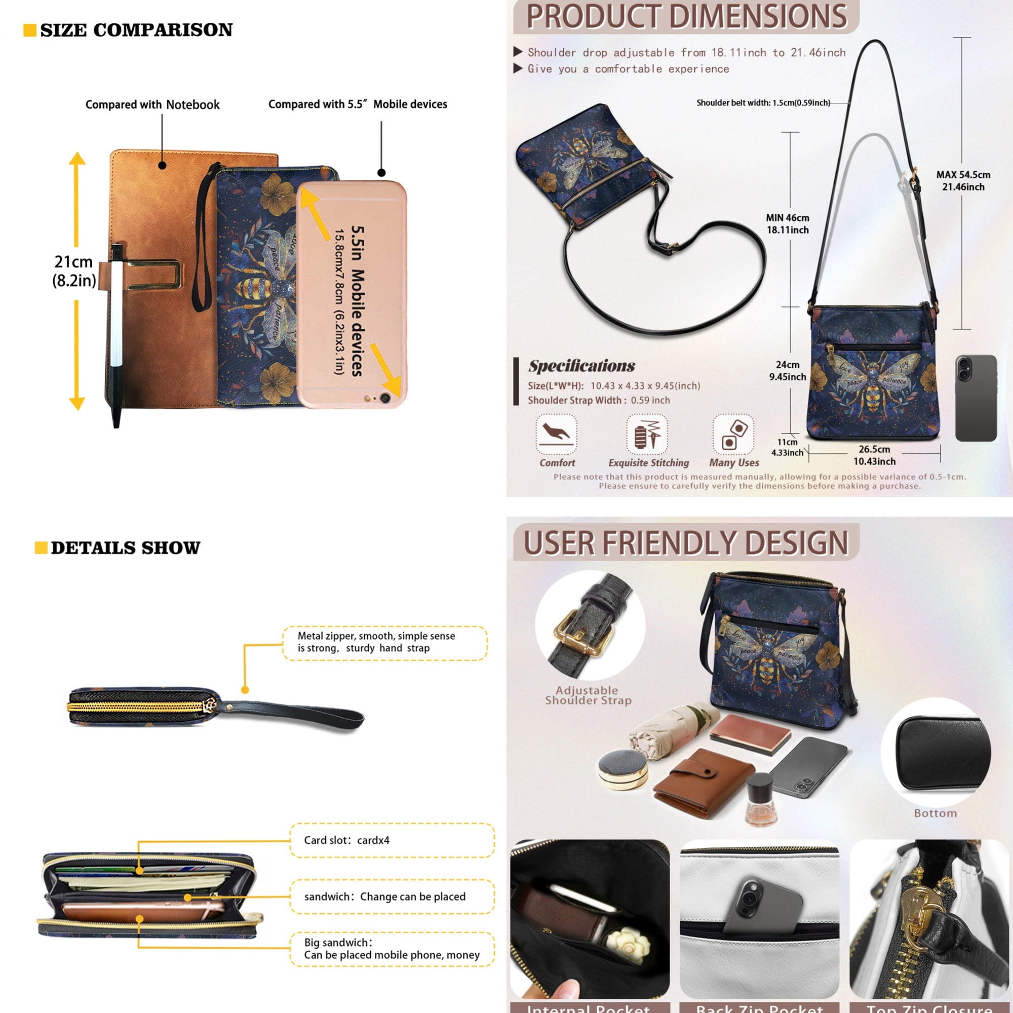 ZUXONGSY Bee Flower Galaxy Print Women's PU Leather Crossbody Bag & Wallet Set, Large Satchel Hobo Purse with Adjustable Strap for Work, Travel & Everyday